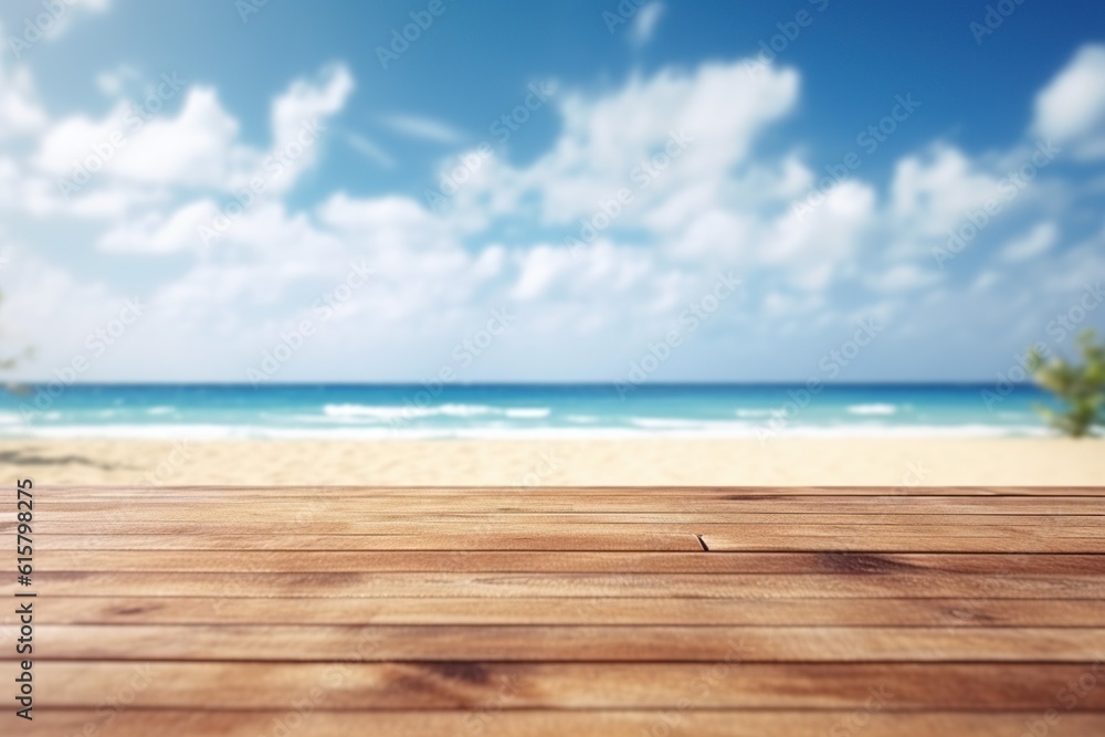 Tropical fine sandy beach with blured sea sun sky clouds background with wooden table top and empty space for product advertisement Montage of summer relaxation background by generative ai