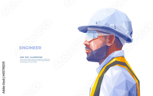 Construction Engineer Man Wearing a Yellow Uniform, Glasses, and White Safety Helmet. Architect in Hard Hat. Isolated Polygonal Vector Illustration on White Background. Modern Geometrical Style.