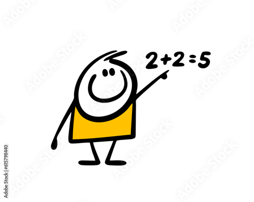 Stupid student incorrectly solved the example and wrote the answer on the blackboard. Vector illustration of a satisfied student in a math lesson.