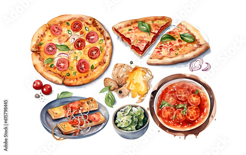 Watercolor set of Pizza with vegetables png