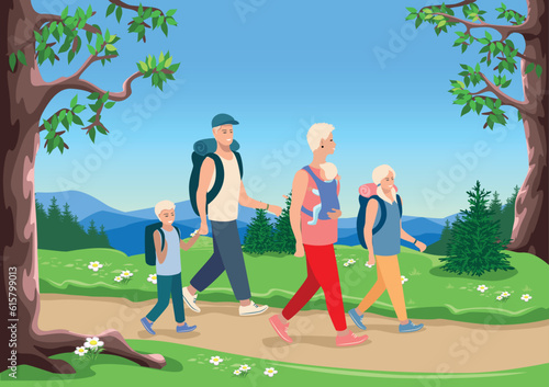 Happy parents and children go hiking or on a picnic against the backdrop of a beautiful landscape. Time for family. Vector illustration of summer camping trip with family in nature.