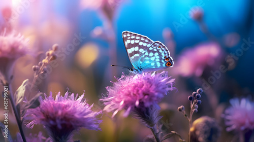 Wild light blue flowers in field and two fluttering butterfly on nature outdoors, close-up macro. Magic artistic image. Toned in blue and purple tones, --aspect 16:9  © ART-PHOTOS