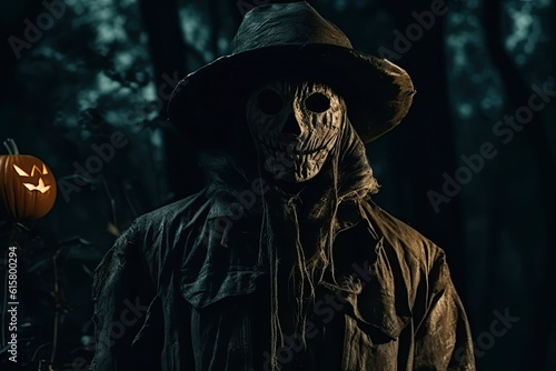 Creepy Scarecrow with a canvas bag on his head in a dense forest. Generative AI illustration. Halloween fairy tales.