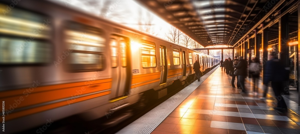 Passenger train passing station. Blurred speed motion effect. Generative AI technology.
Passenger train passing station. Blurred speed motion effect. Generative AI technology.