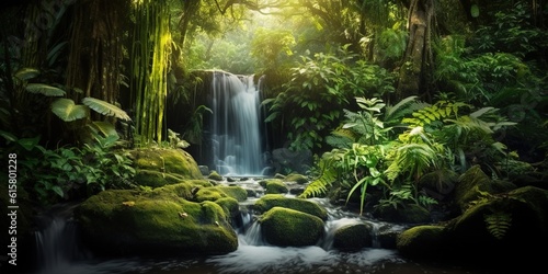 Misty waterfall surrounded by wild vegetation in the rainforest