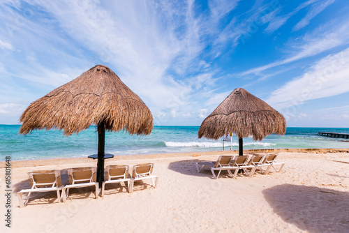 Cancun Mexico beautiful caribbean sea on a sunny day and cloudy sky. Exotic Paradise. Travel  Tourism and Vacations Concept. Tropical Resort.