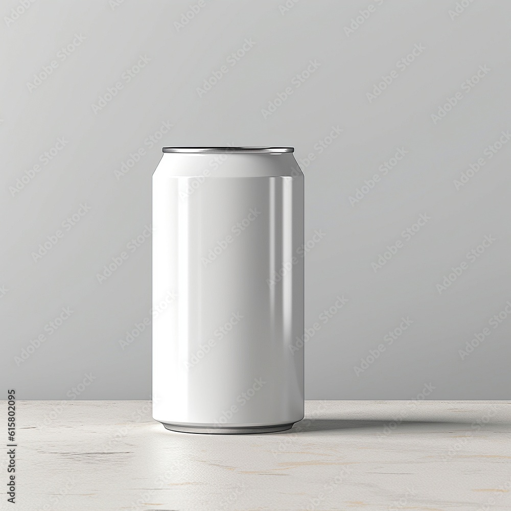 Mockup of a Blank White Can on a Table with a Gray Background, Blank Label Mockup of a Blank White Can on a Table with a Gray Background, Blank Label