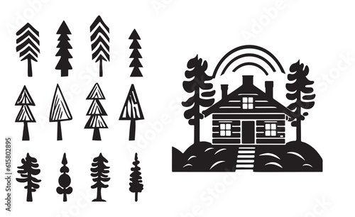 Set of log cabin and alpine fir tree vector illustrations. Masculine outdoor travel in nordic linocut chalet in Scandinavian holiday group
