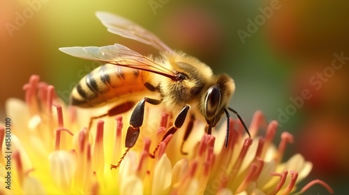 A bee collects nectar on a flower close-up. AI generation © dwoow
