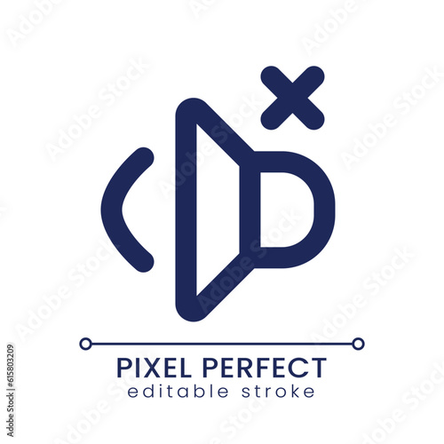 Volume off pixel perfect linear ui icon. Mute audio in video. Remove sound. Music mode. Silent speaker. GUI, UX design. Outline isolated user interface element for app and web. Editable stroke