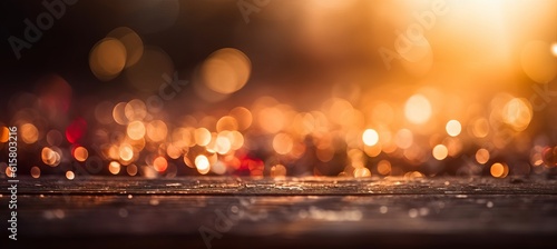 Wooden plank with defocused lights sparkle morning background. Generative AI technology.