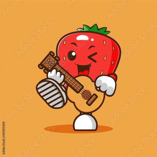 Playful Strawberry Mascot Playing Guitar - Vector Illustration