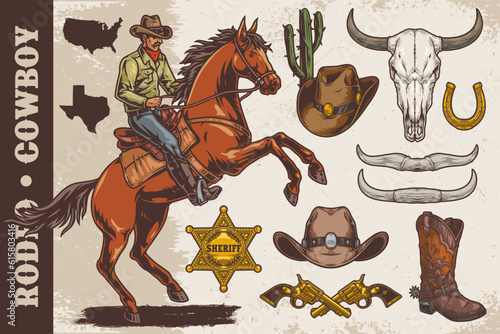 Rodeo cowboy set elements colorful