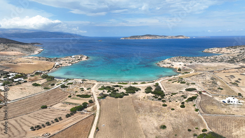 Aerial drone photo of paradise secluded beach of Almyros in small island of Schoinousa, Small Cyclades, Greece