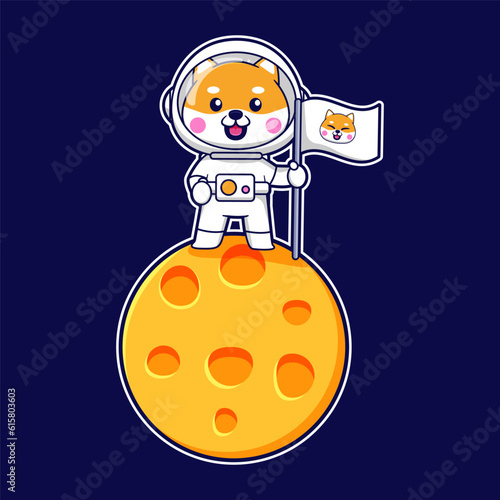 Cute Shiba Inu Astronaut Standing on the Moon - Vector Illustration