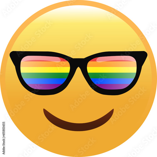 cute emoji icon with rainbow sunglasses isolate on white background. yellow smiley face emoji with pride glasses vector for transgender symbol. cool emoji icon logo for comment reactions.