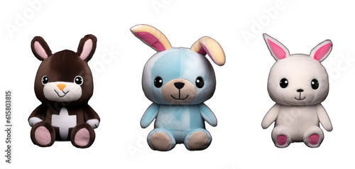 Cutout set of 3 stuffed animal toys illustration on a transparent background. Generative AI.