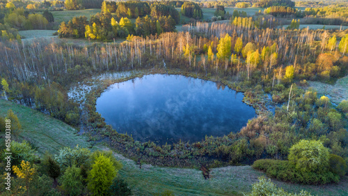 Fototapeta Naklejka Na Ścianę i Meble -  Aerial photo of a beautiful lake in the morning