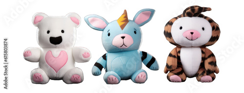 Cutout set of 3 stuffed animal toys illustration on a transparent background. Generative AI.