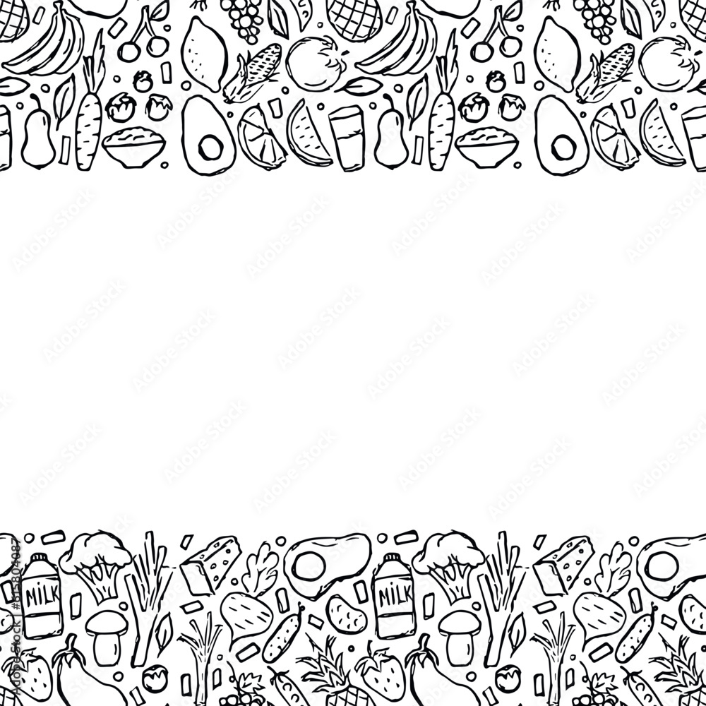 Fototapeta premium Healthy food frame. Drawn healthy food background
