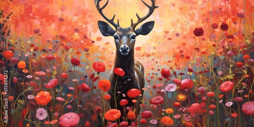 Friendly deer stands in field of red poppies, concept of Serenity, created with Generative AI technology