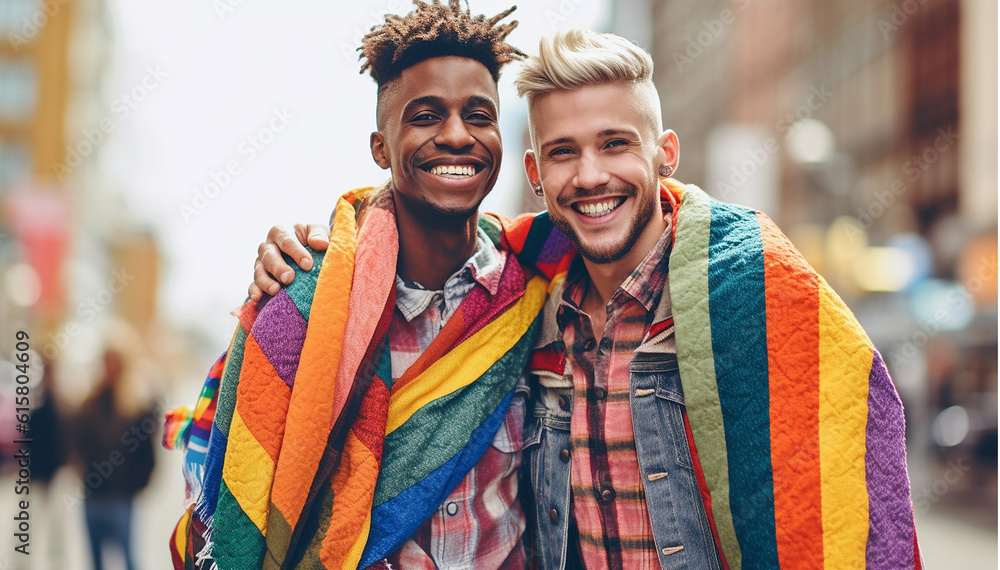 Portrait of young gay,lesbian couple embracing and showing their love with rainbow flag at the street. LGBTQ and love concept.