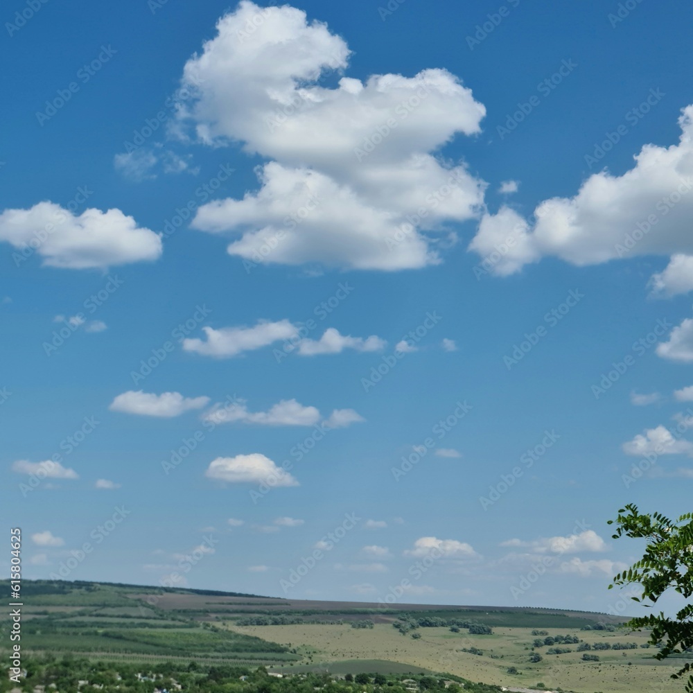 A grassy field with blue sky and clouds