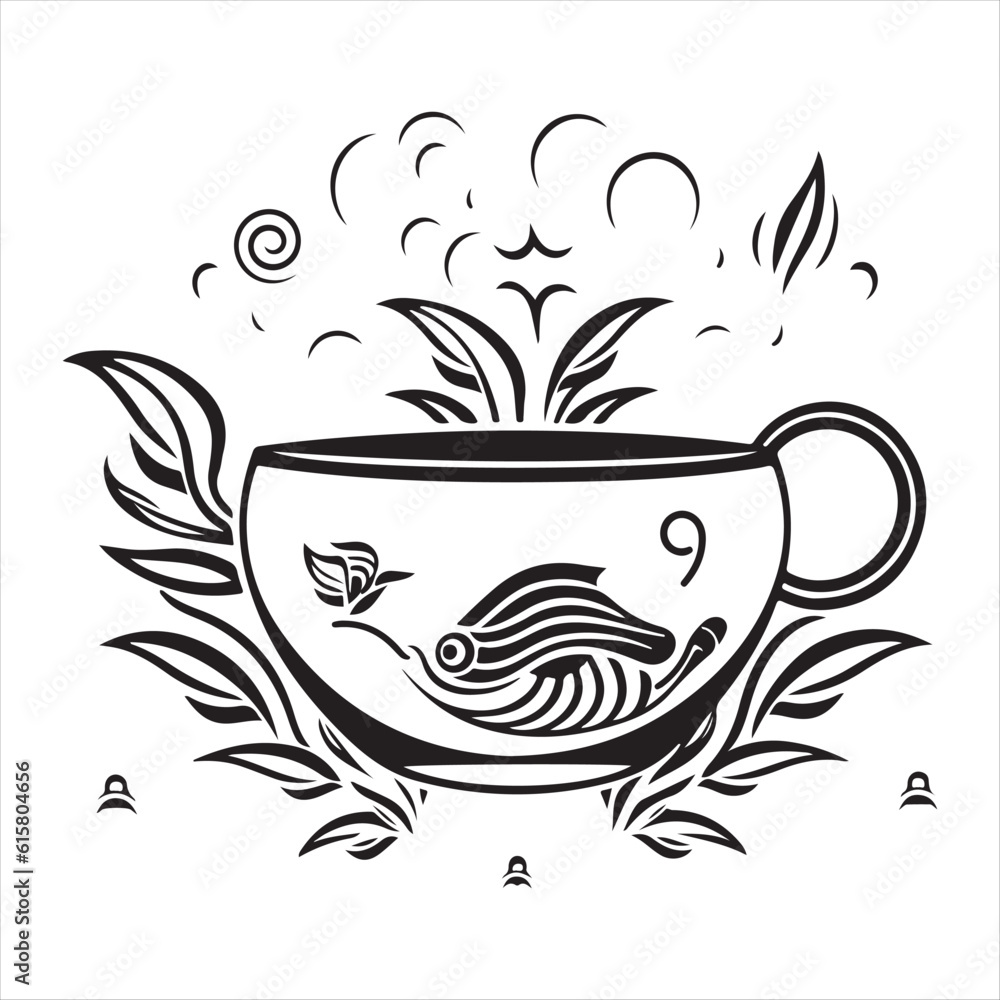 Illustration of Herbal traditional Tea. Tea Cup, tea leaves. Oriental, Chinese tea logo template. Vector Image EPS 10. Flat minimalistic style Illustration of Herbal traditional Tea. Tea Cup, tea leaves. Oriental, Chinese tea logo template. Vector Image EPS 10. Flat minimalistic style