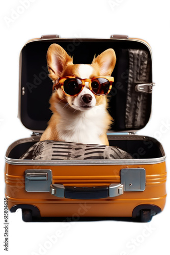 Fun corgi puppy dog with sunglasses sitting in a suitcaseillustration on a transparent background. Generative AI.