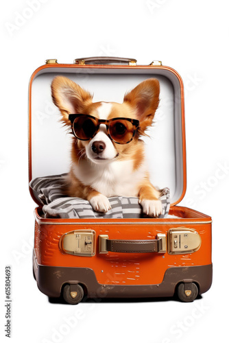 Fun corgi puppy dog with sunglasses sitting in a suitcaseillustration on a transparent background. Generative AI.