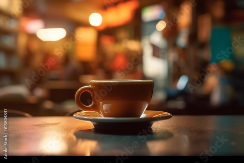 Extreme Closeup Shot coffee cup  in a coffee shop  focus is on the Coffee Cup. AI generative