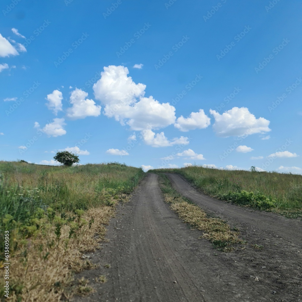 A dirt road with grass and blue sky