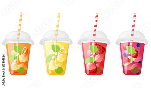 Fruits and berries lemonade in a plastic cup collection.