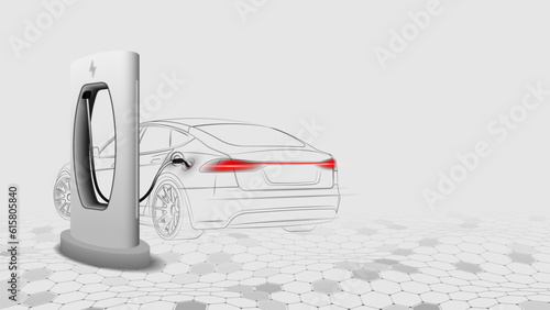 Electric car at charging station. Abstract Electric Power Charger EV Clean Energy Alternative Energy electric charger concept. Electronic vehicle power dock. Vector illustration.