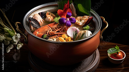 a pot full of food on a wooden table next to some flowers and other things in the bowl is filled with vegetables photo