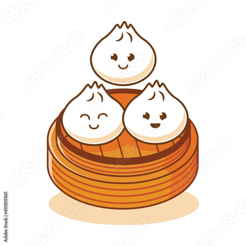 Dim sum Dumpling cute cartoon character with various smile expression face in top of bamboo container  vector flat art Illustration free editable