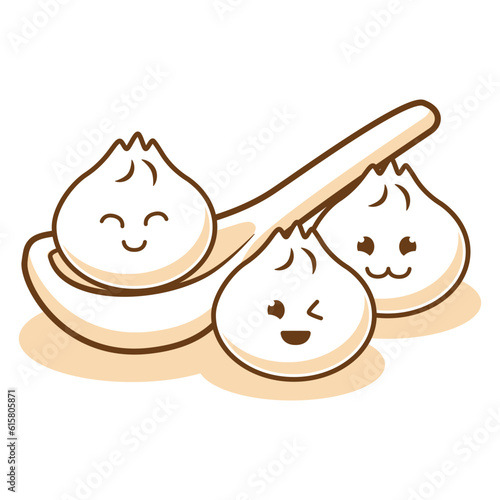 Dim sum Dumpling cute cartoon character with various smile expression face in top of spoon  vector flat art Illustration free editable