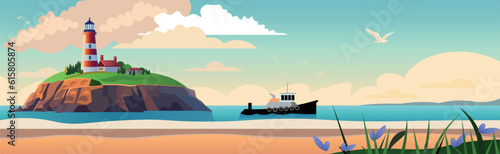 flat-style vector illustration of a red and white lighthouse on a rocky island, with a boat in the water and a sandy beach in the foreground