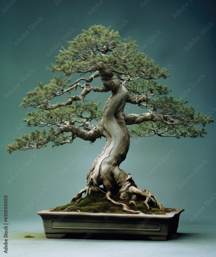 One whole bonsai in pot on moody background. Generated with AI technology. One whole bonsai in pot on moody background. Generated with AI technology.
