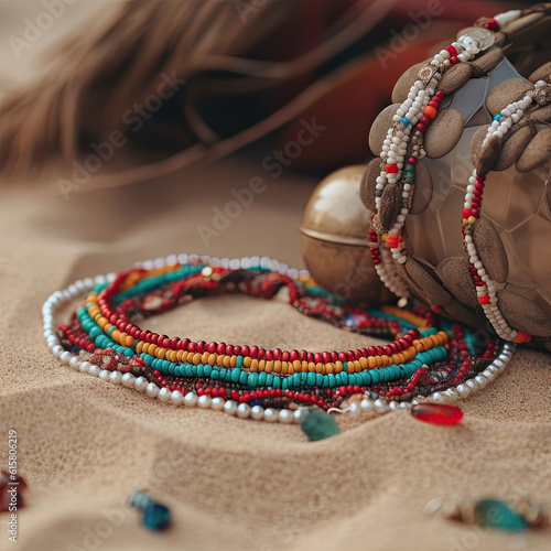 bracelets on the beach with shells and seashells in the photo is taken from top down to bottom