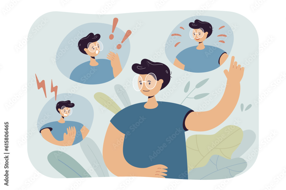 Man in glasses managing emotions vector illustration. Happy, angry and shocked team leader laughing and arguing, controlling emotions and finding balance. Emotional intelligence, success concept Man in glasses managing emotions vector illustration. Happy, angry and shocked team leader laughing and arguing, controlling emotions and finding balance. Emotional intelligence, success concept