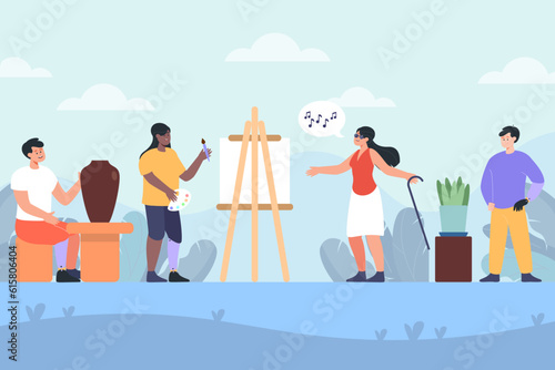 Creative people with physical disabilities vector illustration. Happy people with prosthetics painting, singing, gardening, doing pottery. Education, disability, accessibility, hobbies concept