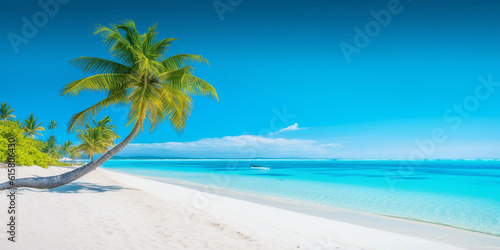 Banner of idyllic tropical beach with white sand  palm tree and turquoise blue ocean