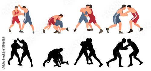 Set of wrestlers silhouettes. Image of greco roman wrestling, martial art, sportsmanship