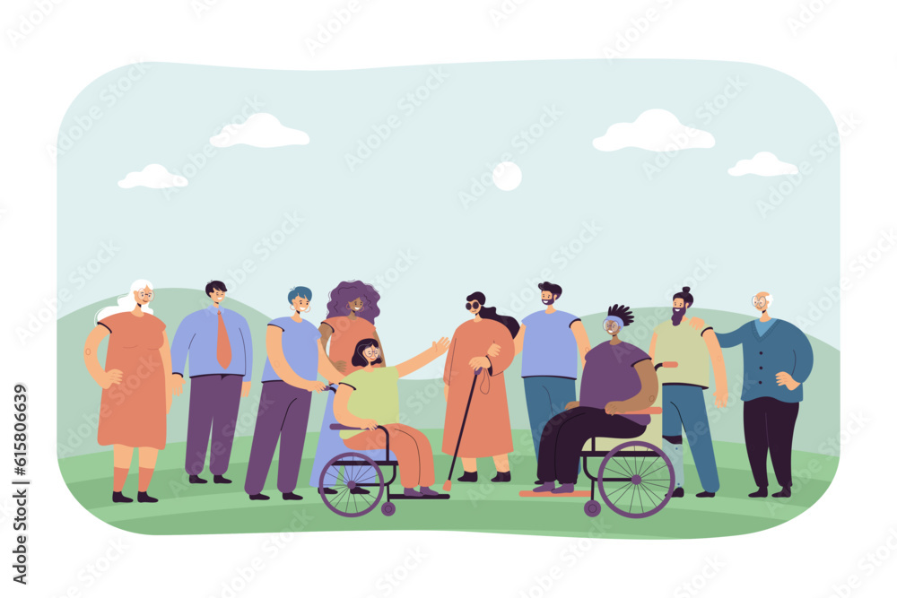 Group of people supporting persons with physical disabilities. Women on wheelchairs, blind character vector illustration. Human community, disability, equality, diversity, inclusion concept