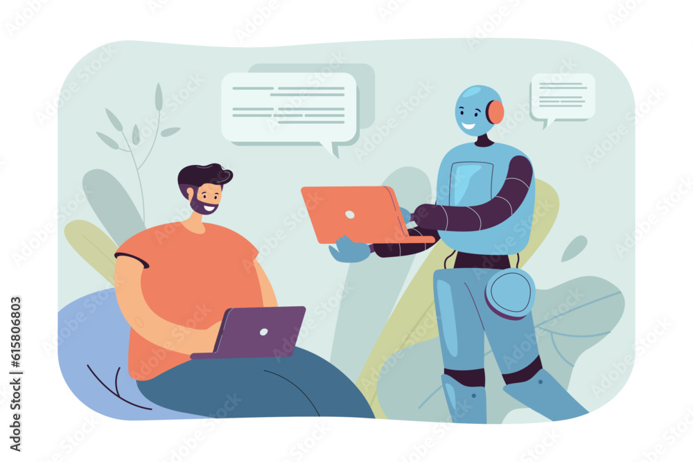 Comic robot helping journalist with article vector illustration. AI assistant or robotic character helping editor or writer. Journalism, assistance, artificial intelligence, modern technology concept