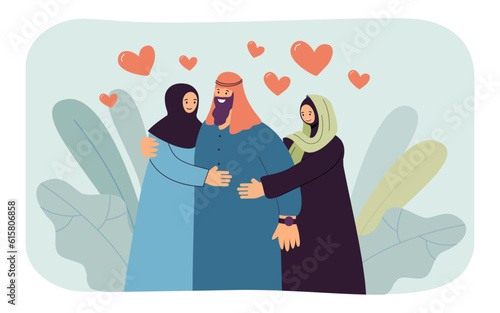 Happy Arabic man with two wives vector illustration. Cartoon drawing of Muslim women hugging husband, person with two spouses. Polygamy, custom, love, romance, family concept