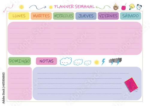 Planner semanal, Agenda semanal, Organizador, diario, notas, template. Organizador semanal en español.