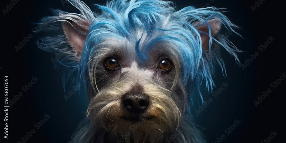 Naklejka premium Dog with a blue shaggy hairstyle, concept of Fashionable pet grooming, created with Generative AI technology