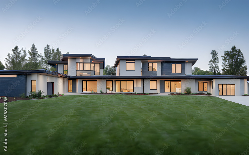 Modern minimalist house exterior display with green grass in the foreground Modern minimalist house exterior display with green grass in the foreground